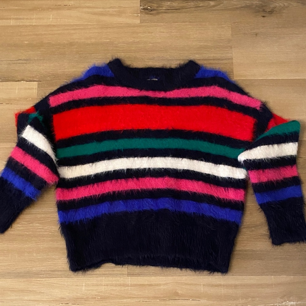 a new day Women's Fuzzy Striped Sweater - Red, Pink, Blue